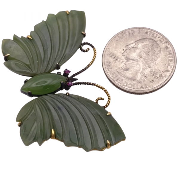 Carved Jade Butterfly Brooch Pin 14K