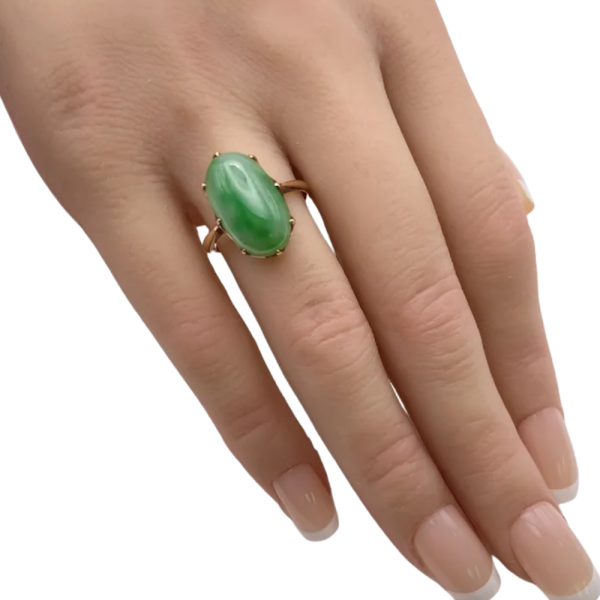 Circa 1930's Apple Green Jade Cabochon Ring 14K