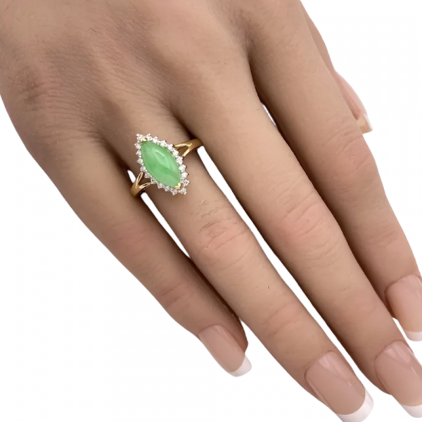 Marquise Apple Green Jade Diamond Halo Ring 14K