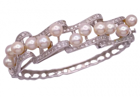 Mid-Century Pearl & Diamond Platinum Bangle Bracelet (2)