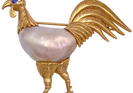 Natural Pearl Rooster Brooch 14K (2)