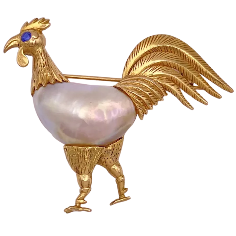Natural Pearl Rooster Brooch 14K