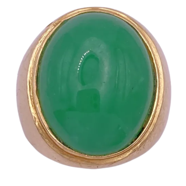Oval Apple Green Jade Cabochon Men's Ring 14K