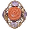 Victorian Carved Coral Rose & Amethyst Ring 14K Gold