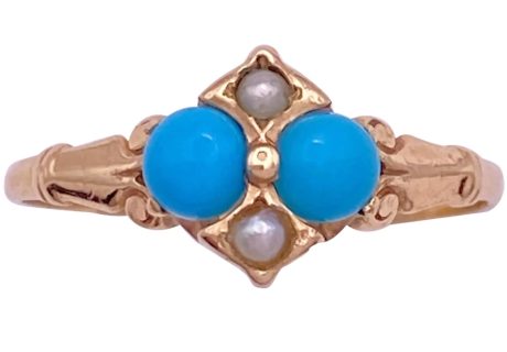 Victorian Persian Turquoise & Seed Pearl Ring 14K Gold