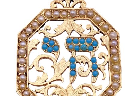 Vintage Chai Hai Persian Turquoise & Seed Pearl Pendant 14K Gold