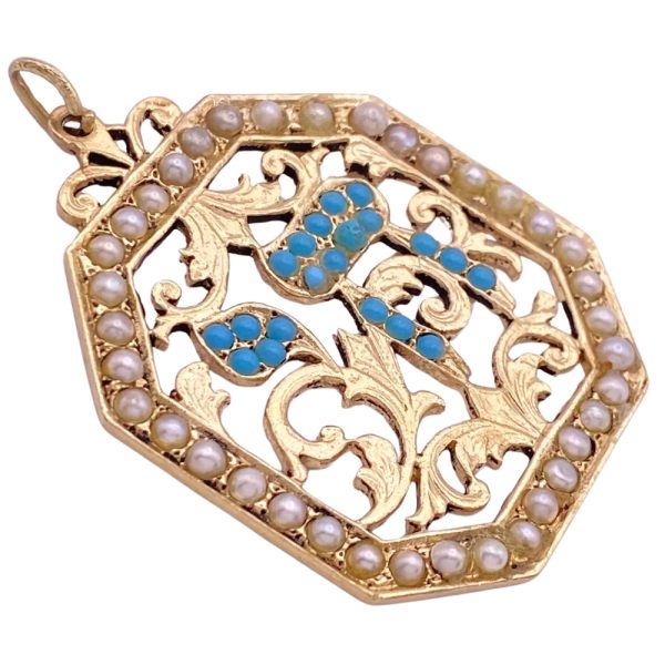 Vintage Chai Hai Persian Turquoise & Seed Pearl Pendant 14K Gold side