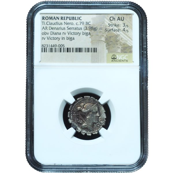 Ancient Roman Republic 79 BC Ti. Claudius Ti.f. Ap.n. Nero AR Serratus Denarius Ch. AU NGC