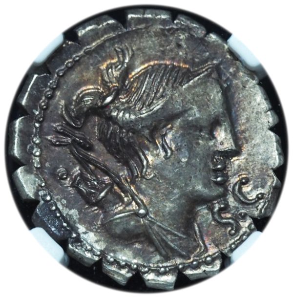 Ancient Roman Republic 79 BC Ti. Claudius Ti.f. Ap.n. Nero AR Serratus Denarius Ch. AU NGC