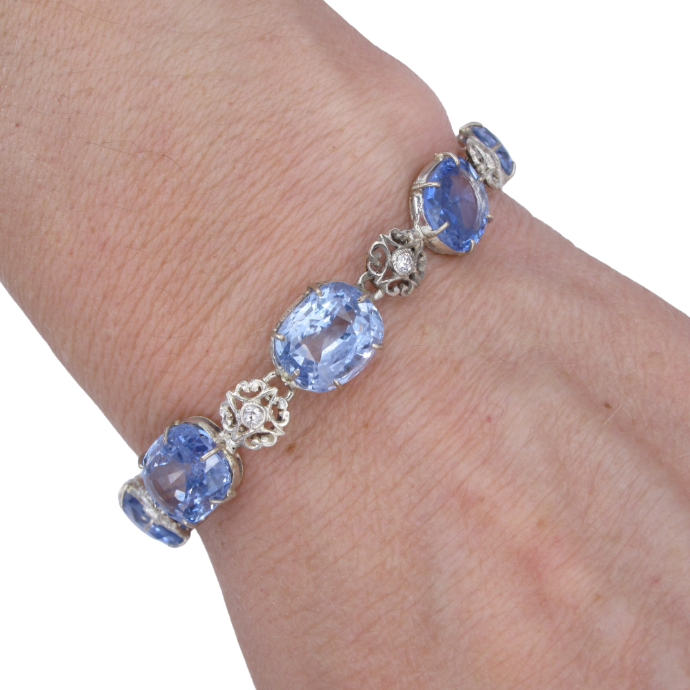 No Heat 40ct Ceylon Sapphire Victorian Arts & Craft Bracelet