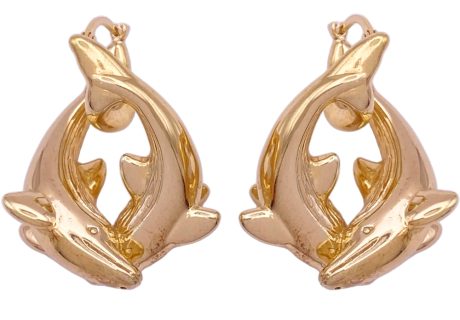 Dancing Dolphins Hoop Earrings 14K Gold front
