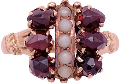 Victorian Bohemian Garnet & Seed Pearl Ring 10K Gold