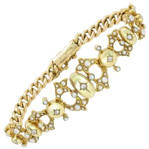 Victorian Seed Pearl & Diamond Celestial Bracelet in 15K Yellow Gold