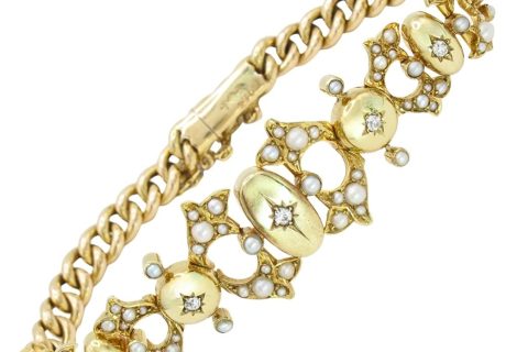Victorian Seed Pearl & Diamond Celestial Bracelet in 15K Yellow Gold