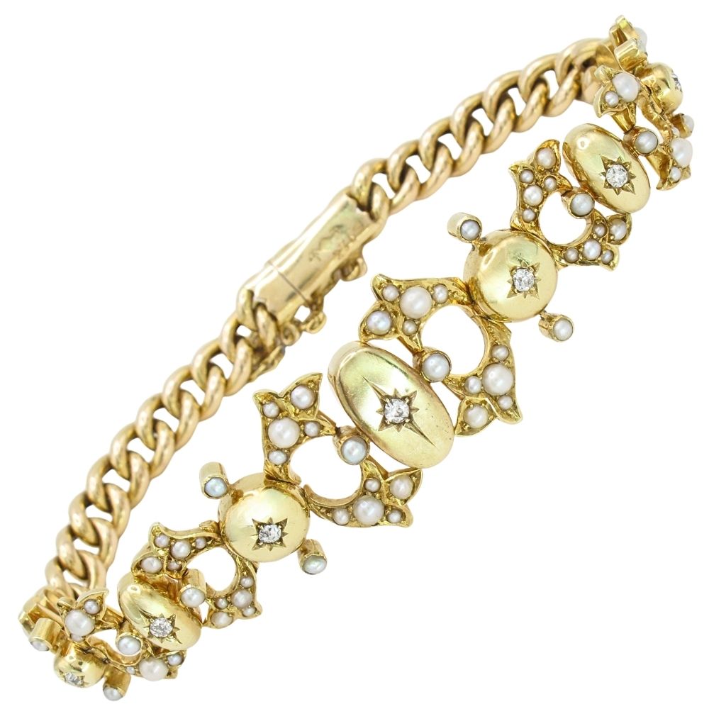 Diamond & Seed Pearl Celestial Victorian Bracelet 15K