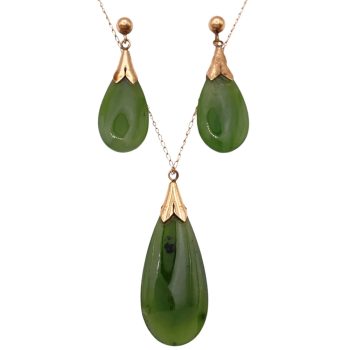 Vintage Jade Earrings & Necklace Set 14K Gold