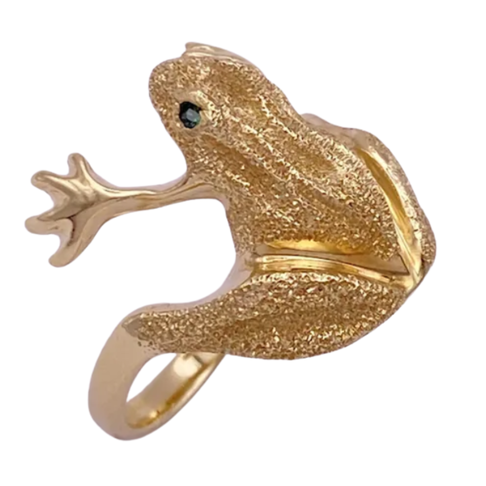 Frog Ring 14K Gold Emerald Inset Eyes