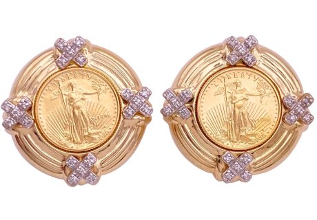 0.40ctw Diamond US Gold Coin Statement Earrings 14K Gold