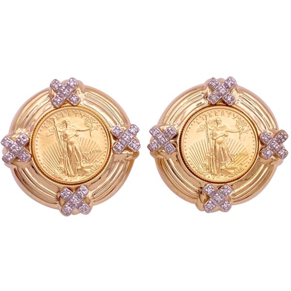 0.40ctw Diamond US Gold Coin Statement Earrings 14K Gold