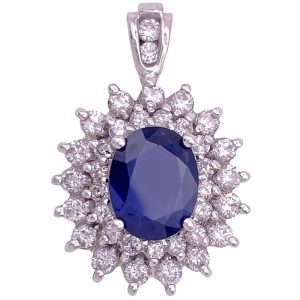 3.66ctw Natural Sapphire Pendant with Diamond Halo 14K White Gold