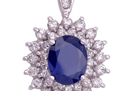 3.66ctw Natural Sapphire Pendant with Diamond Halo 14K White Gold