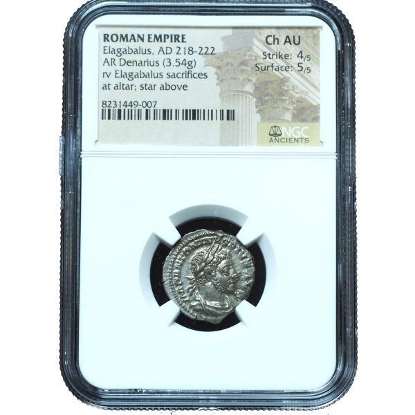Ancient Roman Imperial Elagabalus AD 218-222 AR denarius NGC Ch. AU 4/5 & 5/5