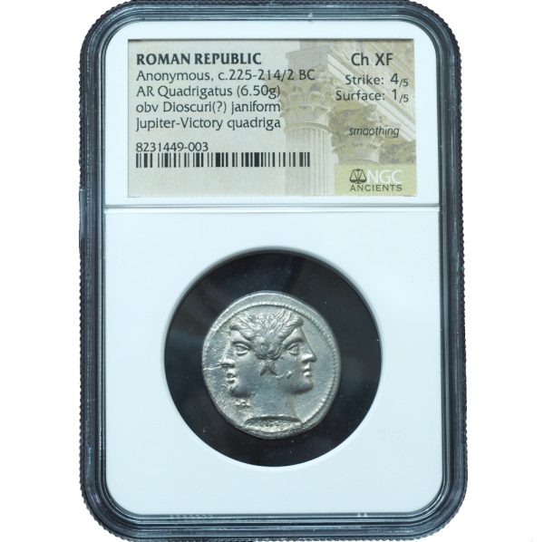 Ancient Roman Republic Anonymous 225-214 BC. AR Quadrigatus