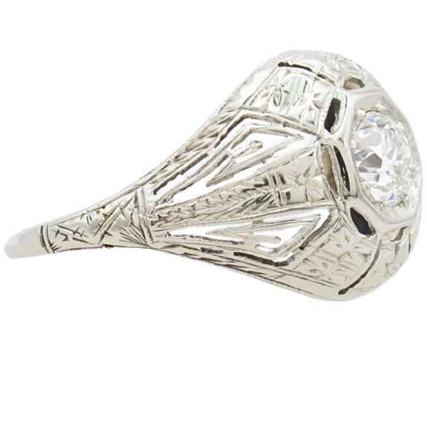 .50ct Old European Diamond Art Deco Filigree Ring 18K detail