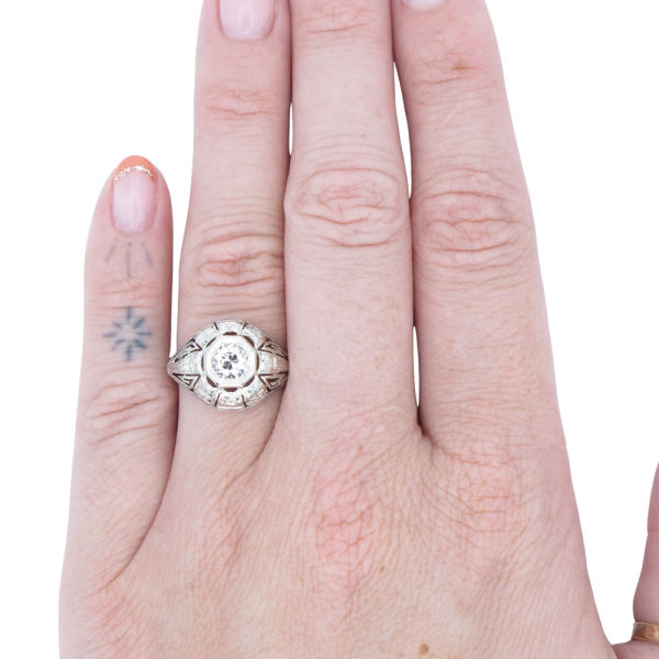 .50ct Old European Diamond Art Deco Filigree Ring 18K worn (1)