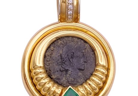 Ancient Roman Coin Pendant with 1.22ctw Emerald & Diamond Accents in 18K Gold