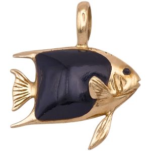 Black Coral Inlay Tropical Fish Pendant 14K Gold