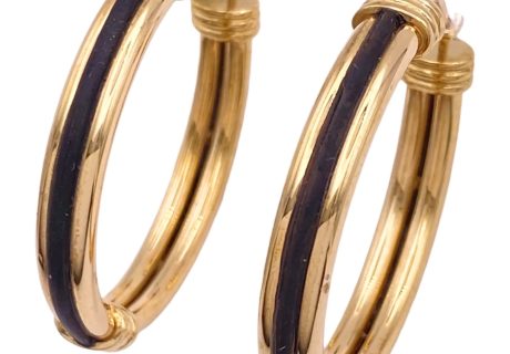 Black Enamel Oval Hoop Earrings 18K Gold