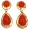 Cabochon Red Coral Dangle Earrings 18K Gold