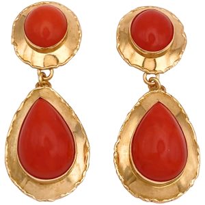 Cabochon Red Coral Dangle Earrings 18K Gold