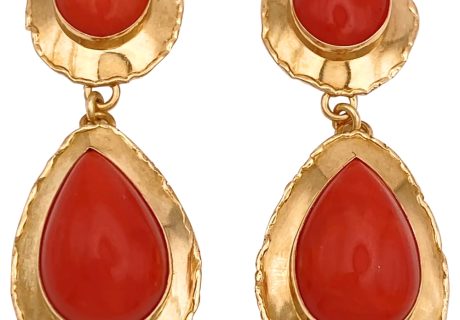 Cabochon Red Coral Dangle Earrings 18K Gold