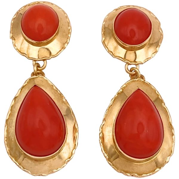 Cabochon Red Coral Dangle Earrings 18K Gold
