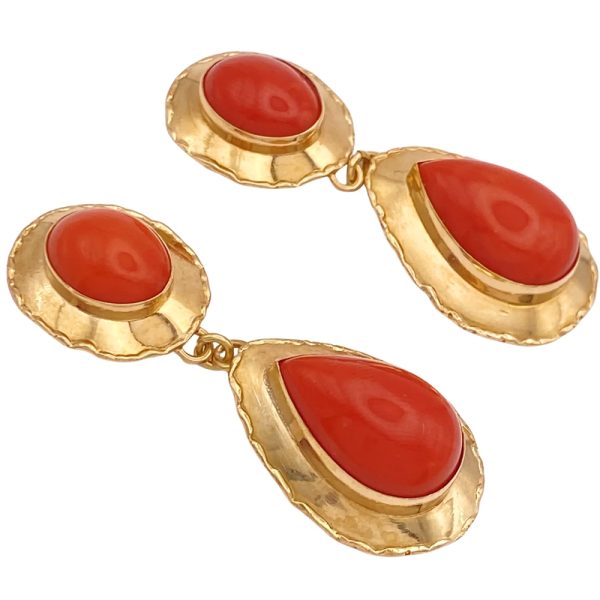 Cabochon Red Coral Dangle Earrings 18K Gold side