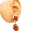 Cabochon Red Coral Dangle Earrings 18K Gold worn
