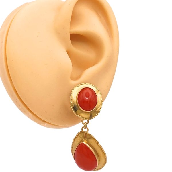 Cabochon Red Coral Dangle Earrings 18K Gold worn