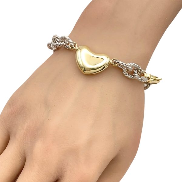 Chunky Cable Link Bracelet with Heart Detail 14K Gold worn