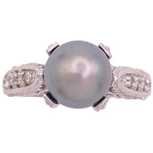 Gray Cultured Pearl Ring with Diamond Accents 14K Gold