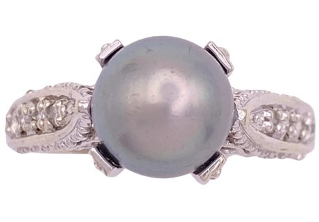 Gray Cultured Pearl Ring with Diamond Accents 14K Gold