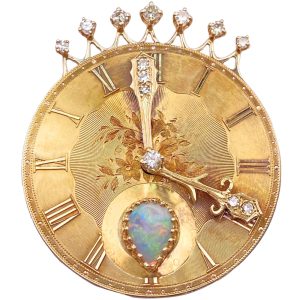 Opal Clock Pendant Brooch with Diamond Accents 14K Gold