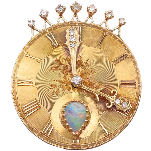 Opal Clock Pendant Brooch with Diamond Accents 14K Gold