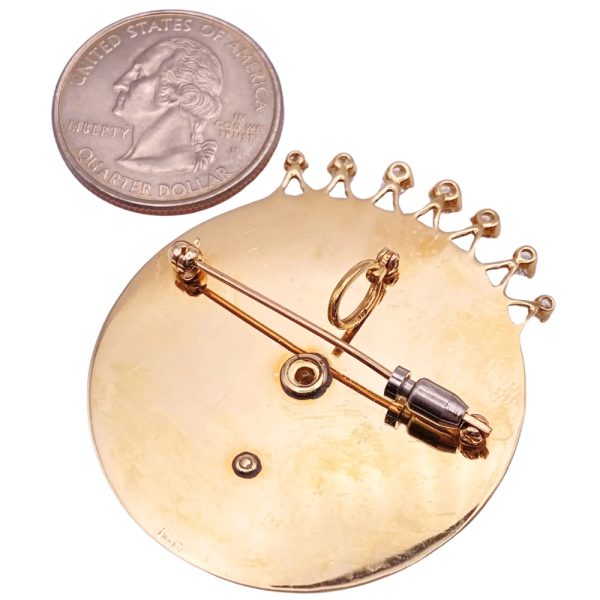Opal Clock Pendant Brooch with Diamond Accents 14K Gold back