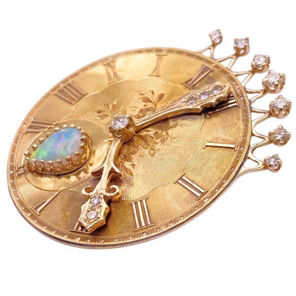Opal Clock Pendant Brooch with Diamond Accents 14K Gold side hands