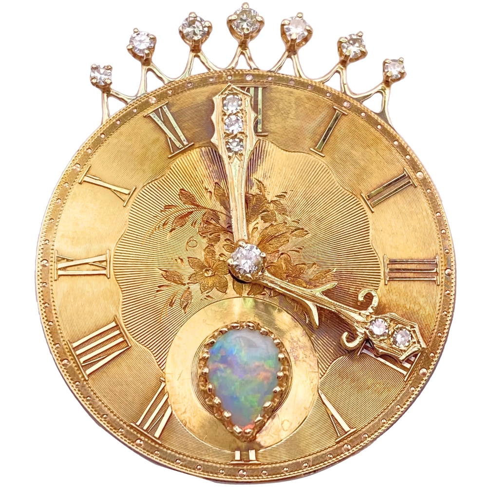 Opal Clock Pendant Brooch with Diamond Accents 14K Gold