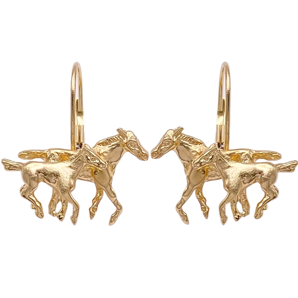 Running Horses Equestrian Drop Earrings 14K Gold