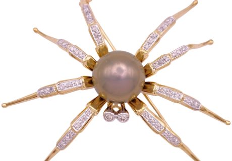 Tahitian Pearl Spider Brooch Pin with Diamond Accents 14K Gold