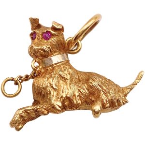 Terrier Dog Pendant Charm with Ruby Eyes 18K Gold